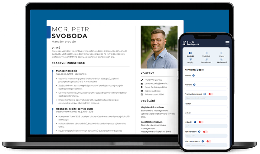 Obrázek notebooku a mobilu se zobrazeným životopisem